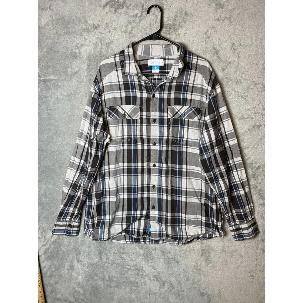 Columbia Mens XL Plaid Button-Up Shirt Grey Long Sleeve